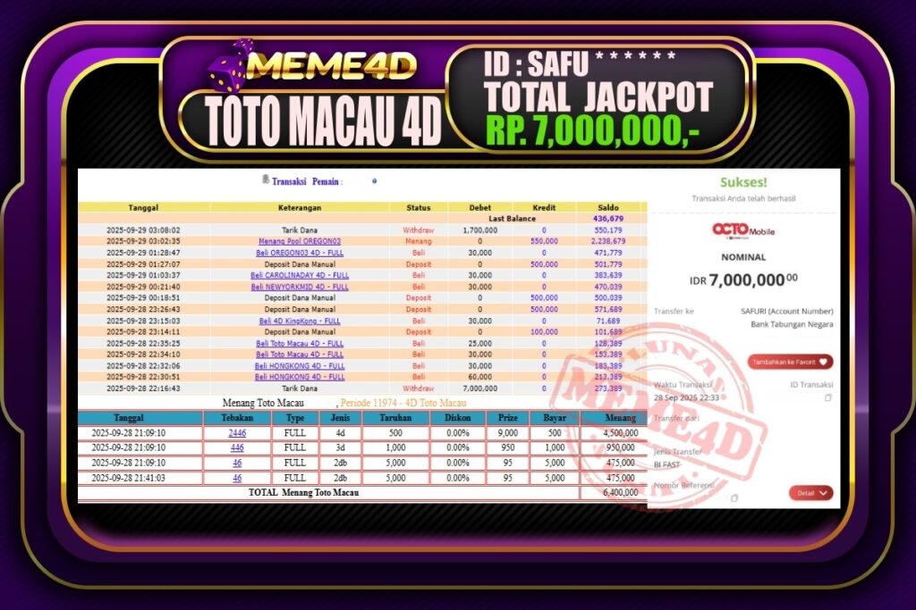Bukti Jp MEME4D Togel Online 29 September 2025