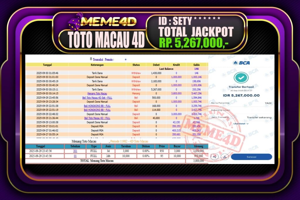 Bukti Jp MEME4D Togel Online 30 September 2025