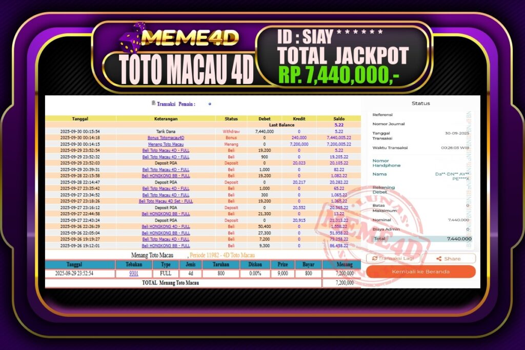 Bukti Jp MEME4D Togel Online 30 September 2025