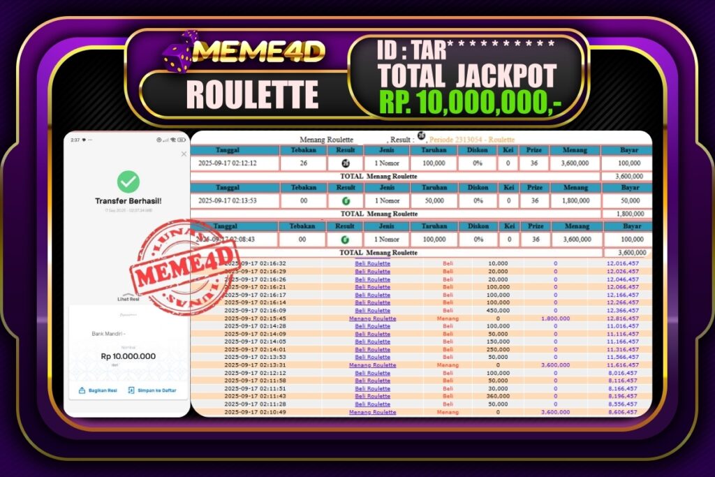 Bukti Jp MEME4D Casino Online 17 September 2025