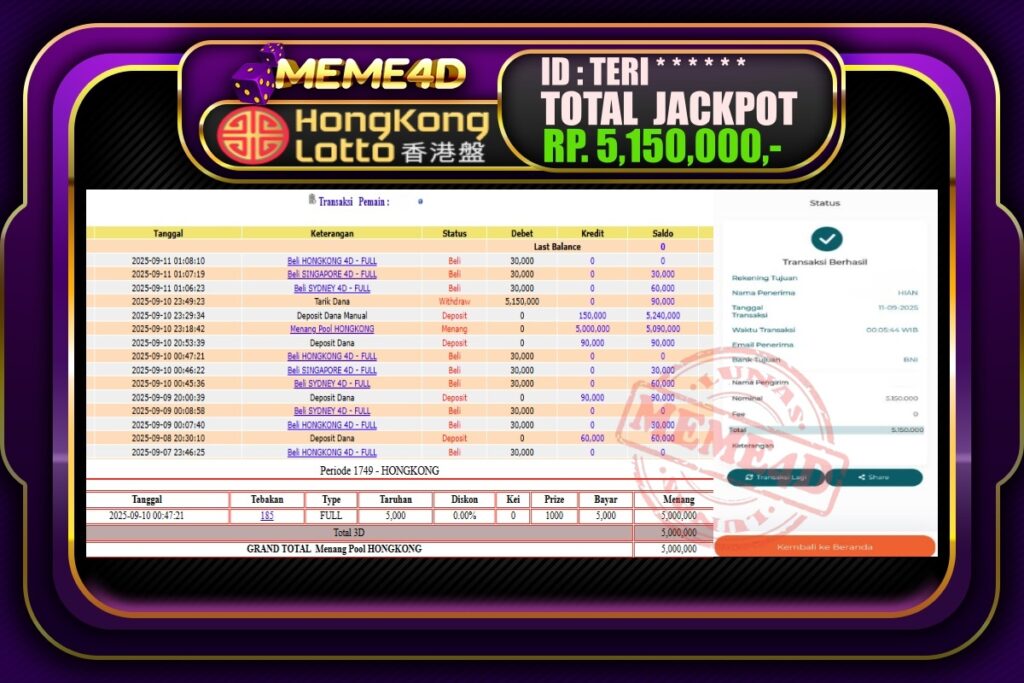 Bukti Jp MEME4D Togel Online 11 September 2025