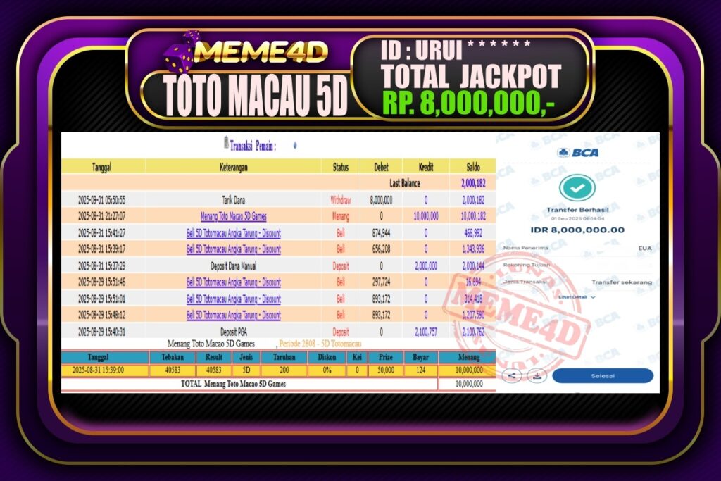 Bukti Jp MEME4D Togel Online 01 September 2025