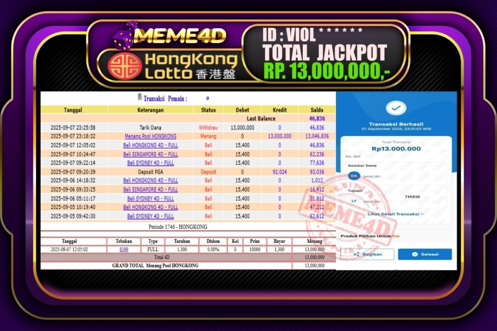 Bukti Jp MEME4D Togel Online 08 September 2025