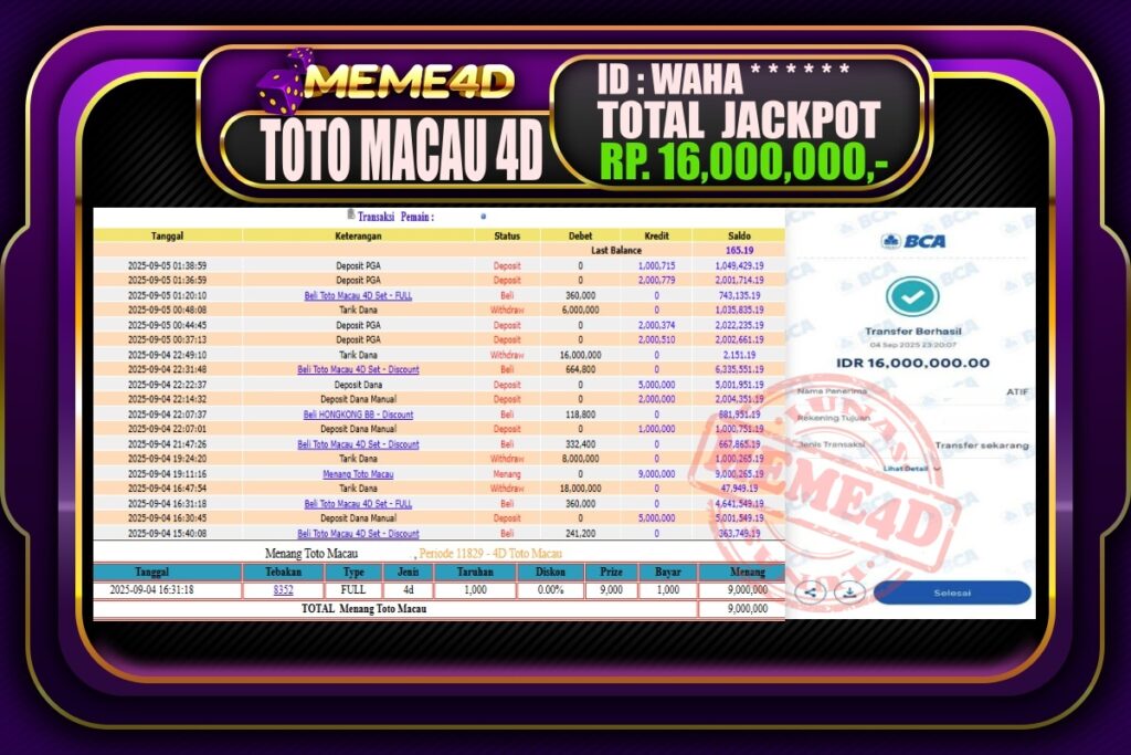 Bukti Jp MEME4D Togel Online 05 September 2025