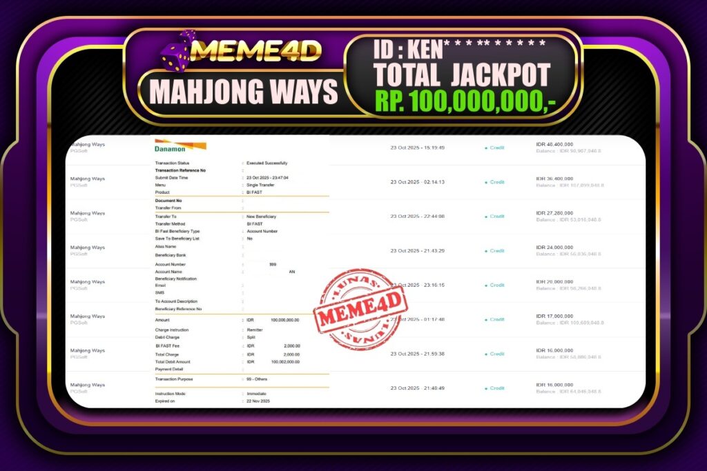 Bukti Jp MEME4D Slot Online 24 Oktober 2025