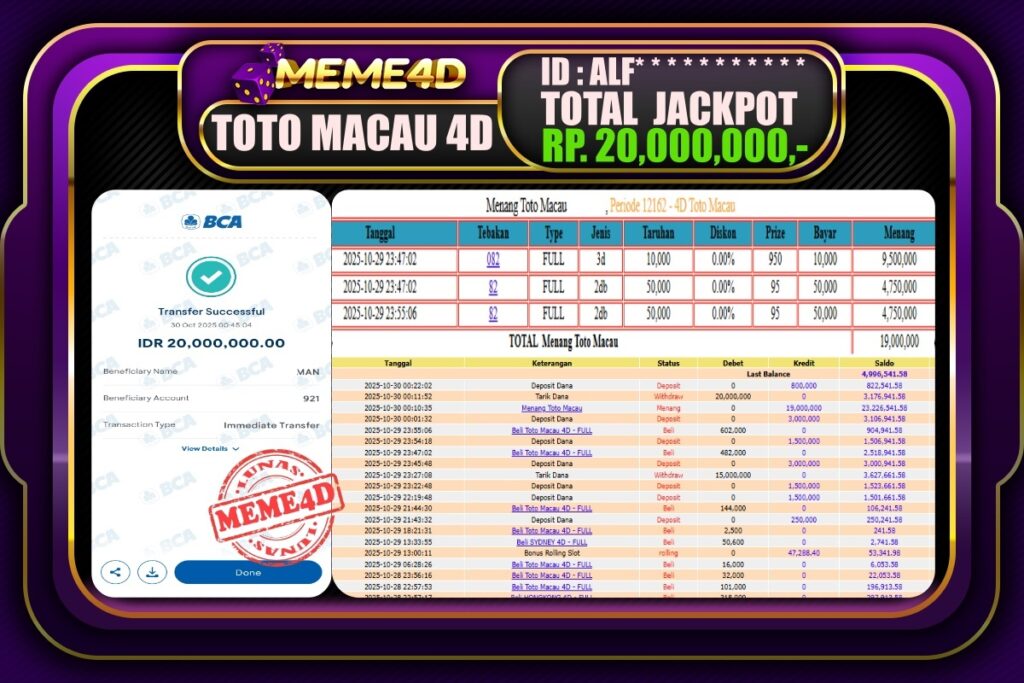 Bukti Jp MEME4D Togel Online 30 Oktober 2025