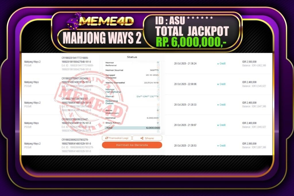 Bukti Jp MEME4D Slot Online 21 Oktober 2025