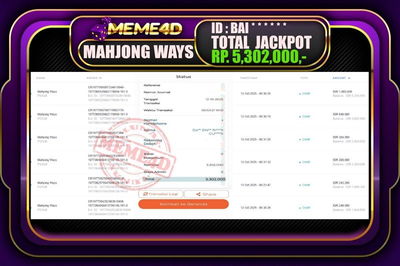 Bukti Jp MEME4D Slot Online 12 Oktober 2025