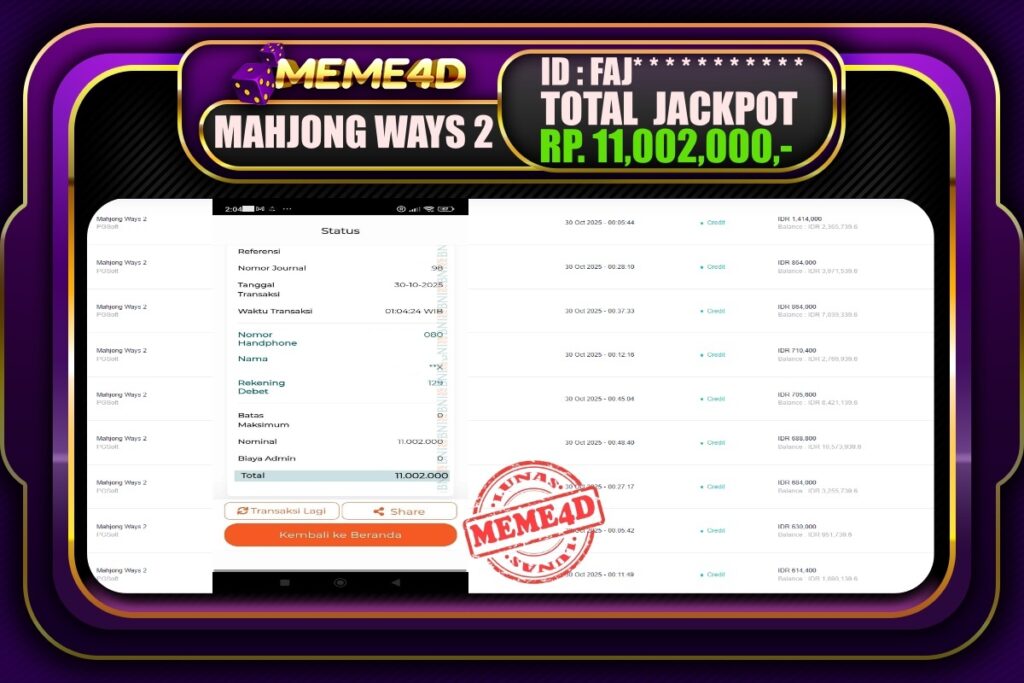 Bukti Jp MEME4D Slot Online 30 Oktober 2025