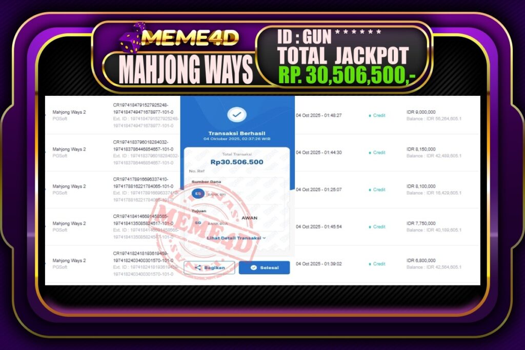 Bukti Jp MEME4D Slot Online 04 Oktober 2025