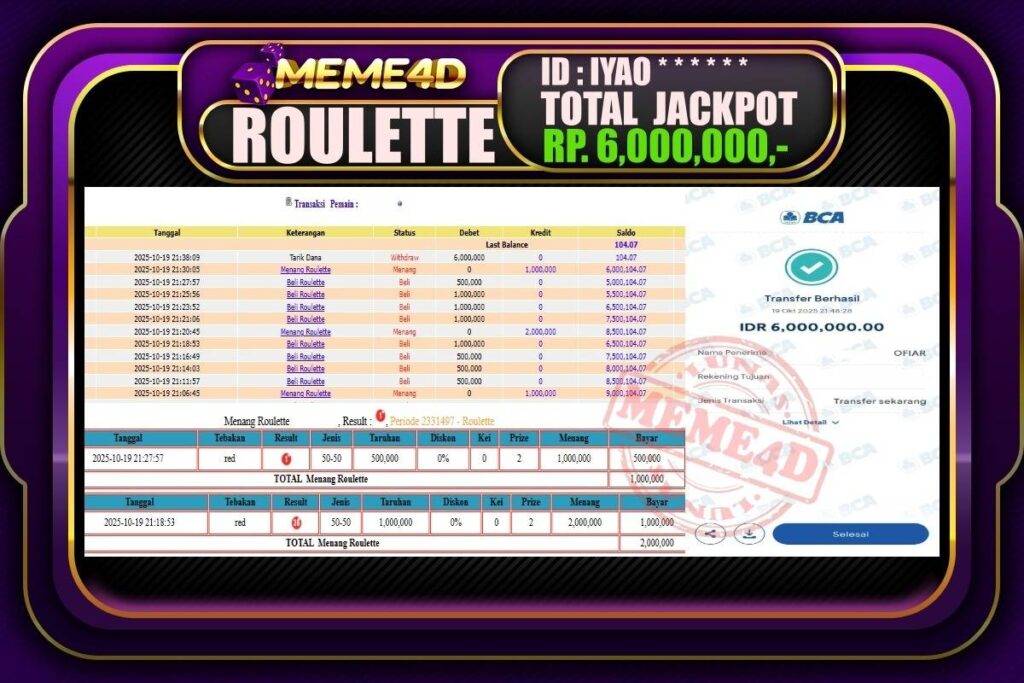 Bukti Jp MEME4D Casino Online 20 Oktober2025