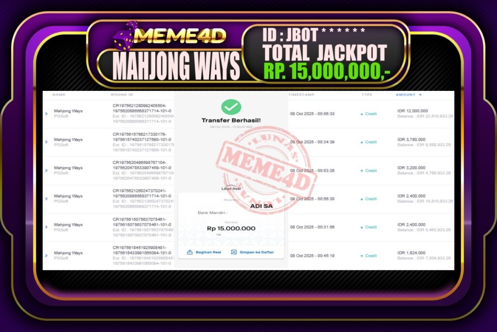 Bukti Jp MEME4D Slot Online 08 Oktober 2025