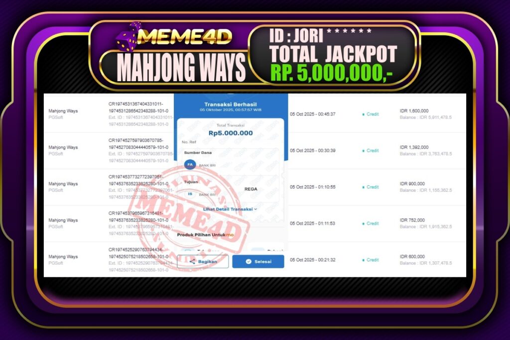 Bukti Jp MEME4D Slot Online 05 Oktober 2025