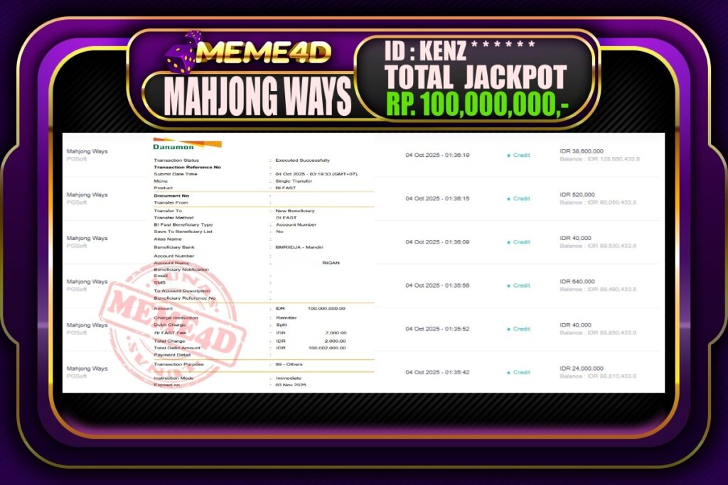 Bukti Jp MEME4D Slot Online 04 Oktober 2025