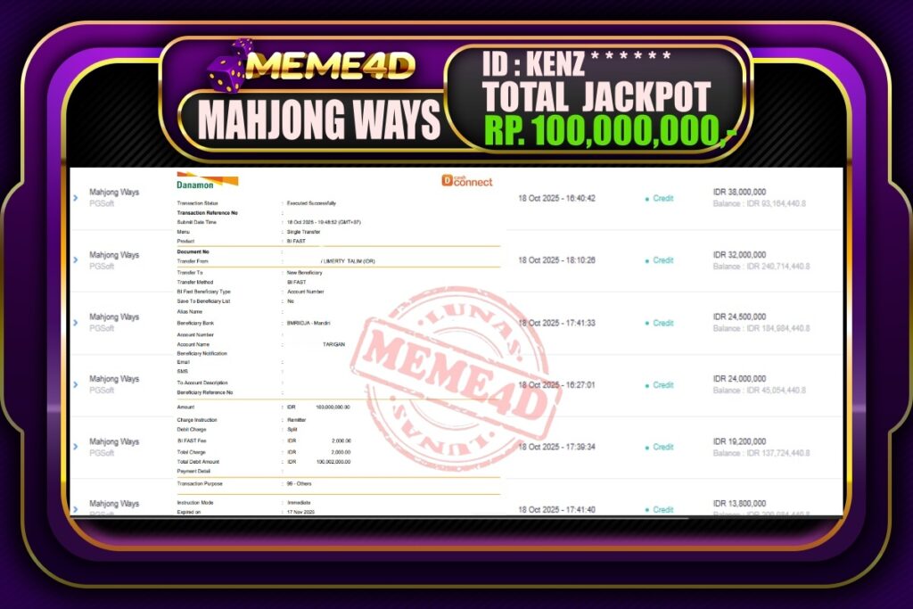 Bukti Jp MEME4D Slot Online 19  Oktober 2025