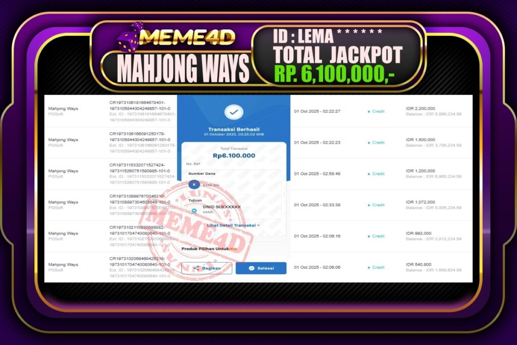 Bukti Jp MEME4D Slot Online 01 Oktober 2025