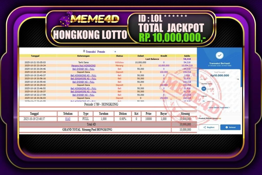 Bukti Jp MEME4D Togel Online 21 Oktober 2025