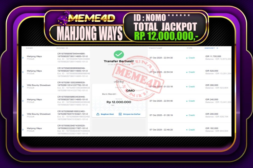 Bukti Jp MEME4D Slot Online 08 Oktober 2025