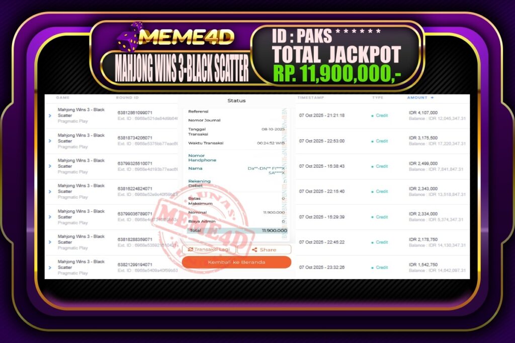 Bukti Jp MEME4D Slot Online 08 Oktober 2025