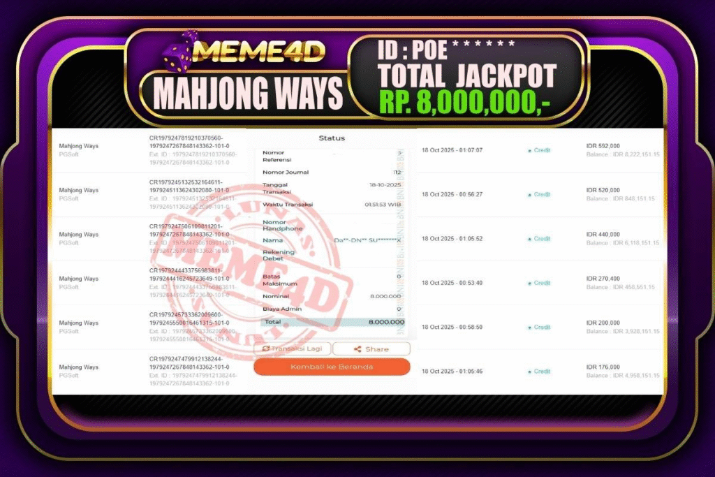 Bukti Jp MEME4D Slot Online 18 Oktober 2025