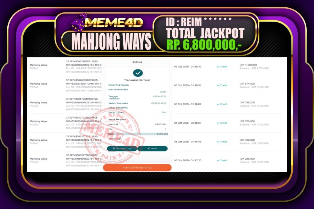 Bukti Jp MEME4D Slot Online 05 Oktober 2025