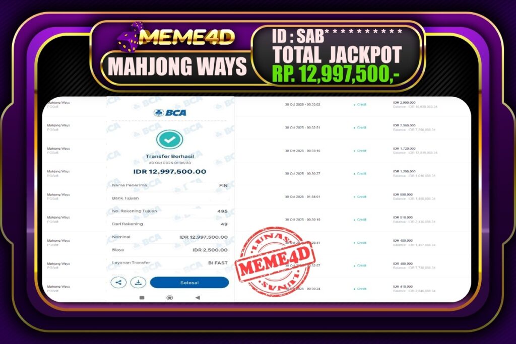 Bukti Jp MEME4D Slot Online 30 Oktober 2025