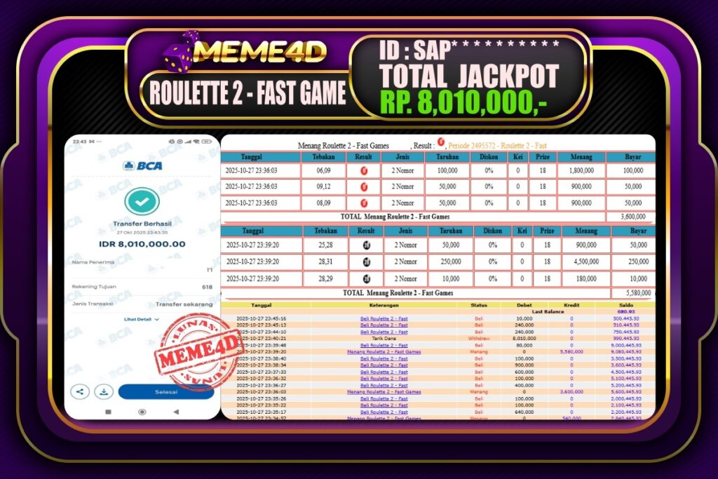 Bukti Jp MEME4D Casino Online 28 Oktober 2025