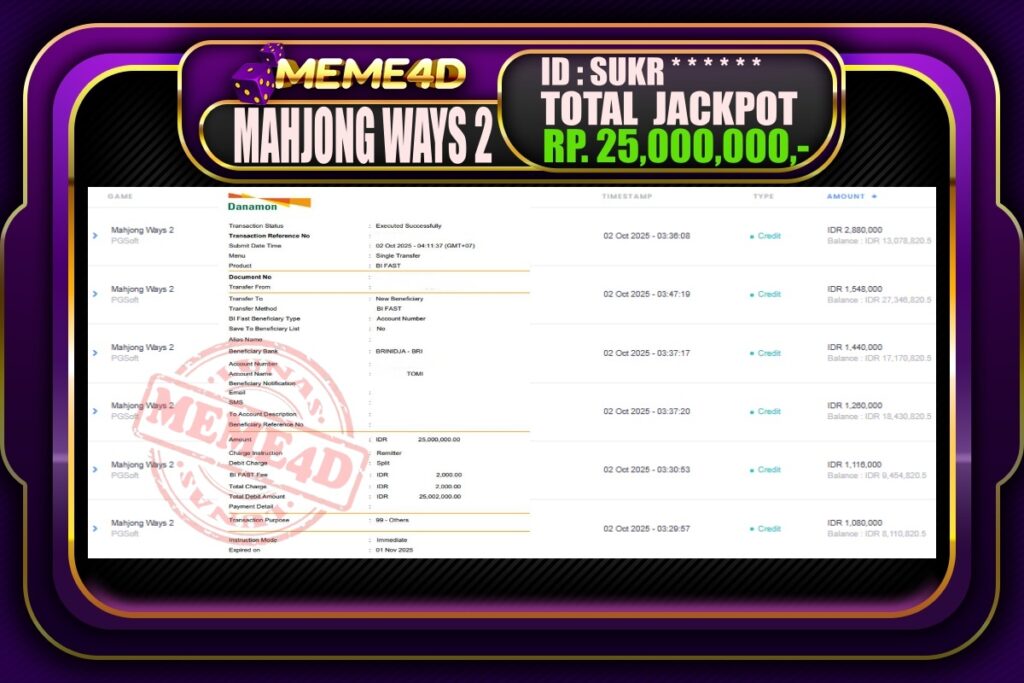 Bukti Jp MEME4D Slot Online 02 Oktober 2025