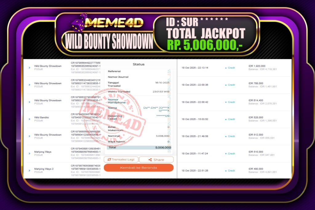 Bukti Jp MEME4D Slot Online 19 Oktober 2025