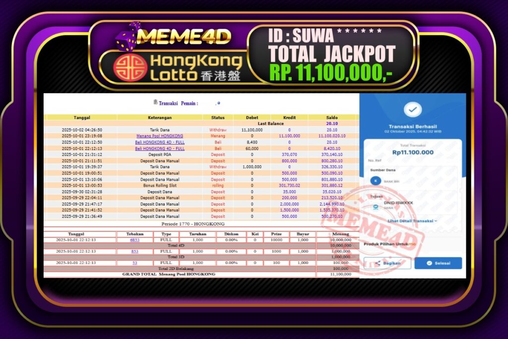 Bukti Jp MEME4D Togel Online 02 Oktober 2025