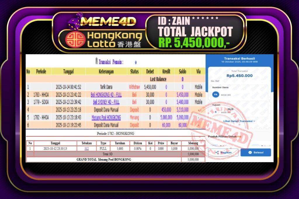Bukti Jp MEME4D Togel Online 14 Oktober 2025