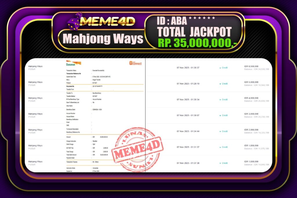 Bukti Jp MEME4D Slot Online 07 November 2025