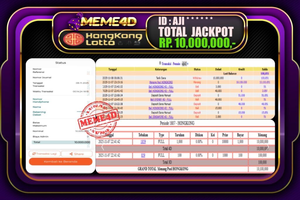 Bukti Jp MEME4D Togel Online 08 November 2025