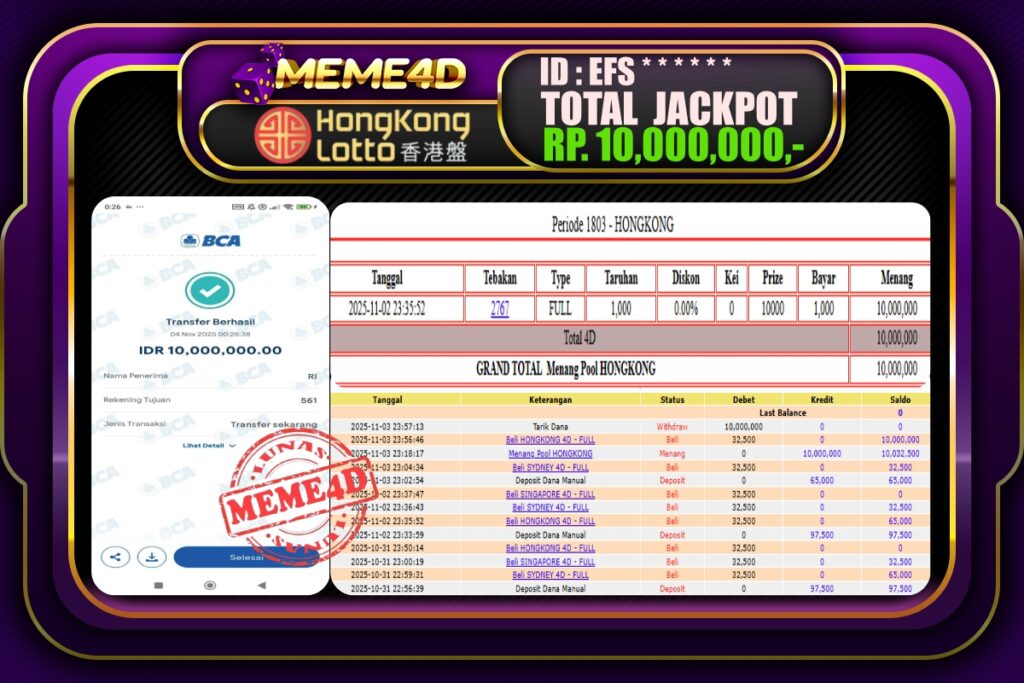 Bukti Jp MEME4D Togel Online 04 November 2025