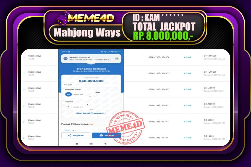 Bukti Jp MEME4D Slot Online 06 November 2025