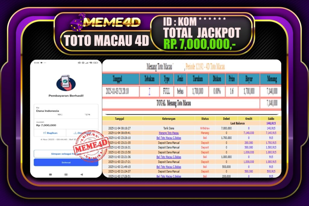 Bukti Jp MEME4D Togel Online 04 November 2025