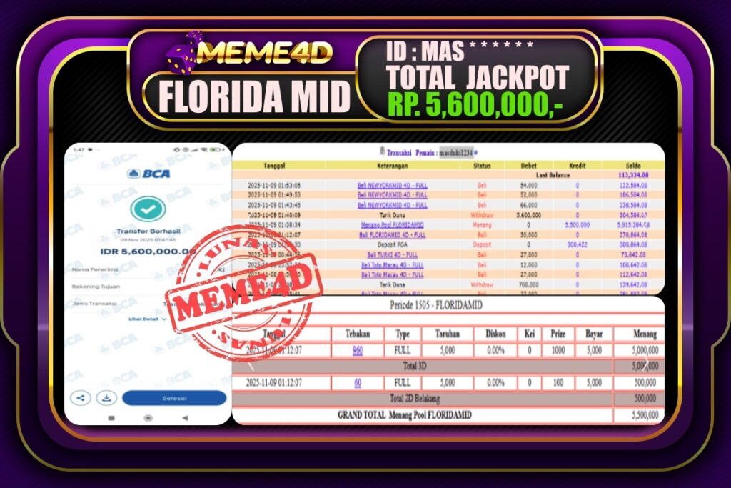 Bukti Jp MEME4D Togel Online 09 November 2025