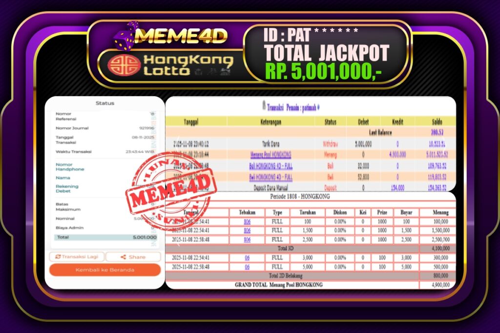 Bukti Jp MEME4D Togel Online 09 November 2025
