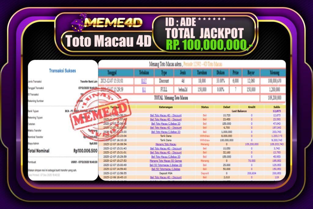 Bukti Jp MEME4D Togel Online 08 Desember 2025