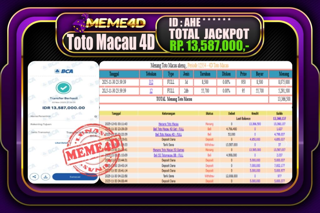 Bukti Jp MEME4D Togel Online 01 Desember 2025