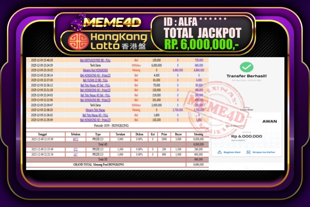Bukti Jp MEME4D Togel Online 10 Desember 2025