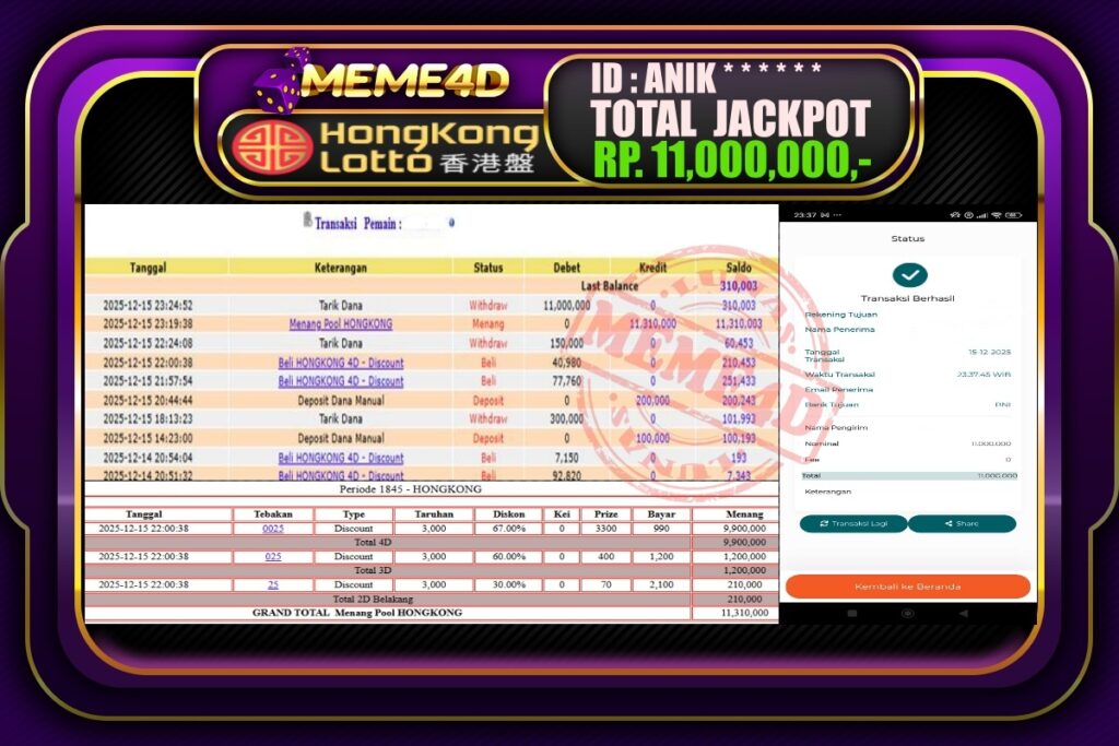 Bukti Jp MEME4D Togel Online 16 Desember 2025