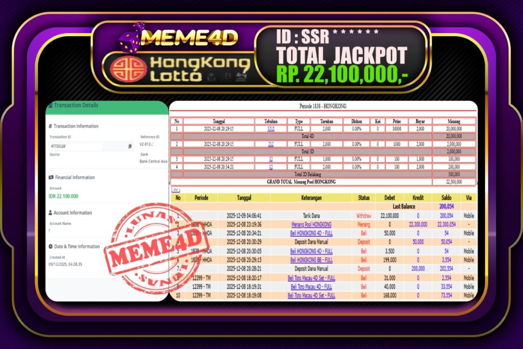 Bukti Jp MEME4D Slot Online 09 Desember 2025