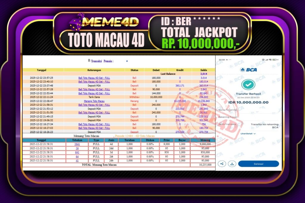 Bukti Jp MEME4D Togel Online 23 Desember 2025