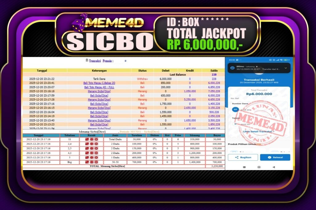 Bukti Jp MEME4D Casino Online 21 Desember  2025