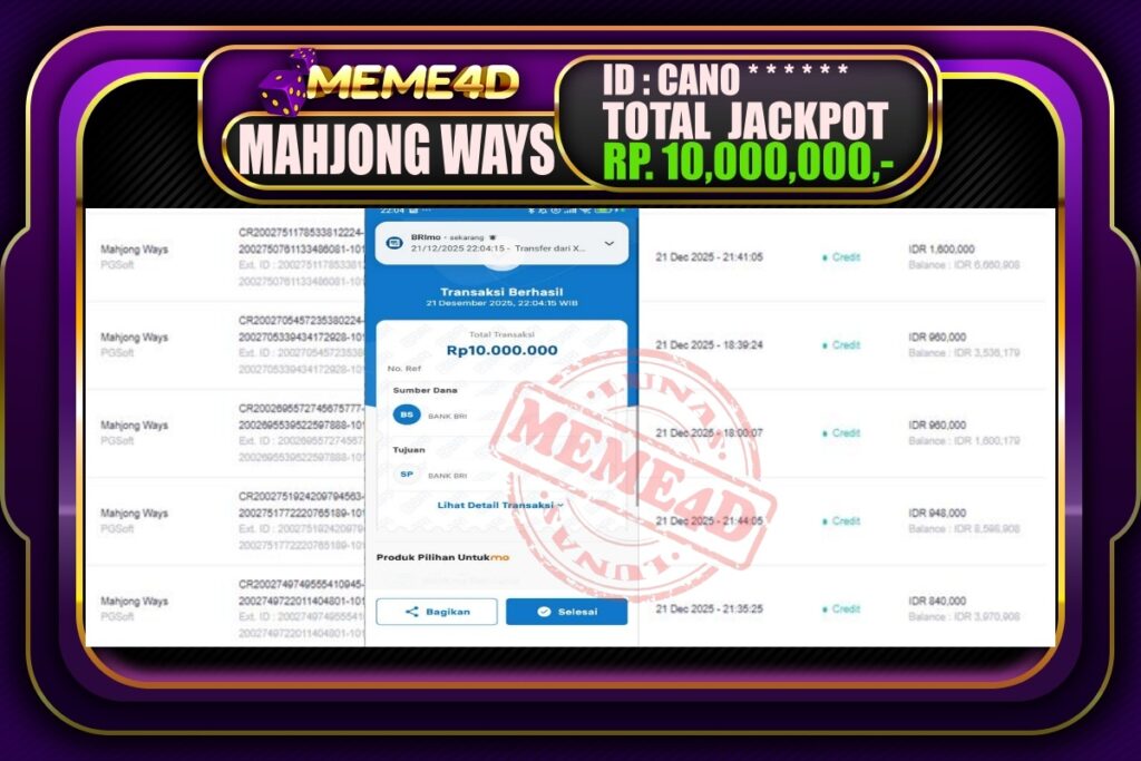 Bukti Jp MEME4D Slot Online 22 Desember 2025
