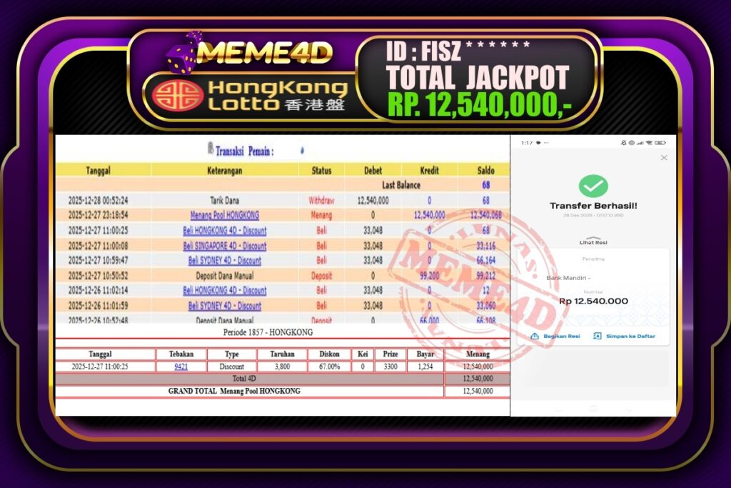 Bukti Jp MEME4D Togel Online 28 Desember 2025