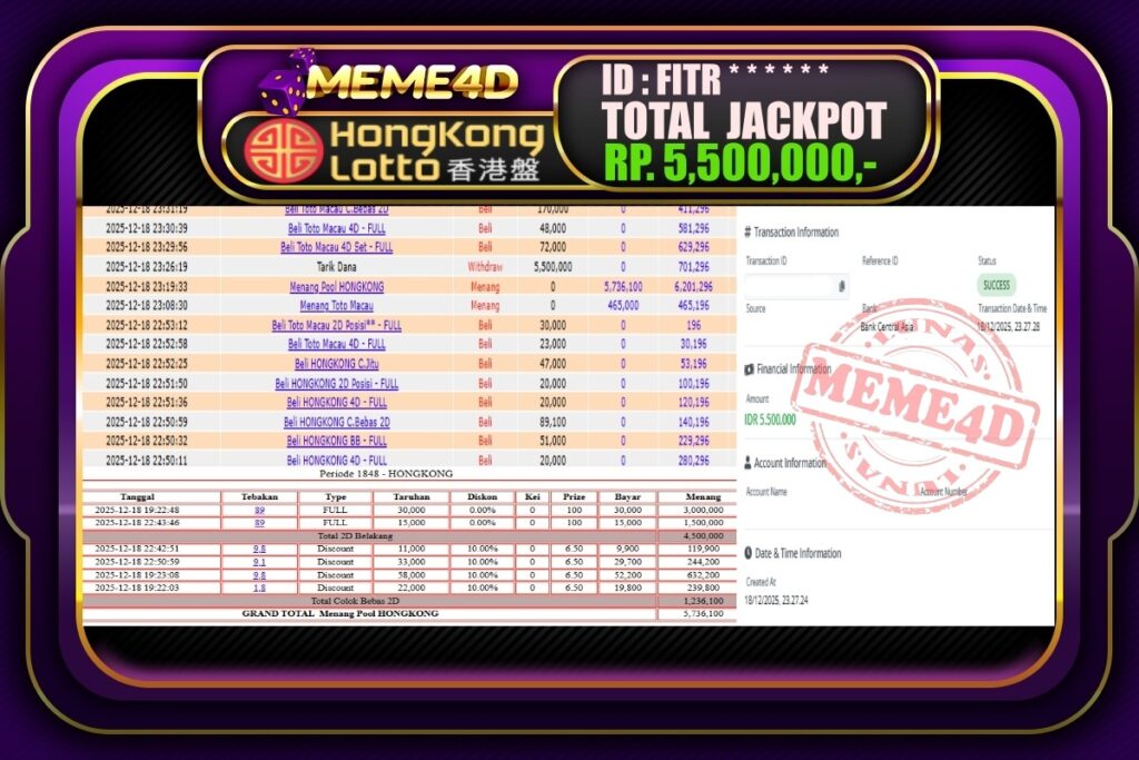 Bukti Jp MEME4D Togel Online 19 Desember 2025