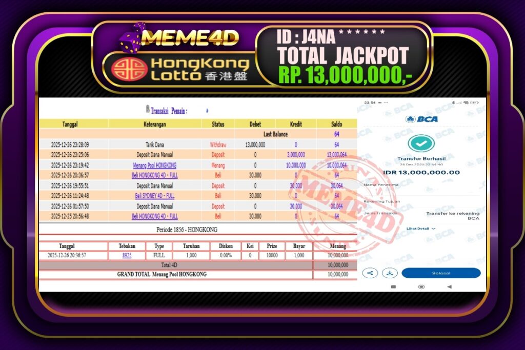 Bukti Jp MEME4D Togel Online 27 Desember 2025