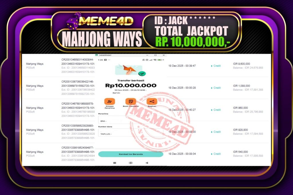 Bukti Jp MEME4D Slot Online 18 Desember 2025